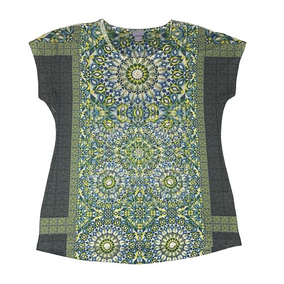 Y2k Laura Scott Boho Green & White Abstract Art Short Sleeve Top Size Small - Picture 1 of 6